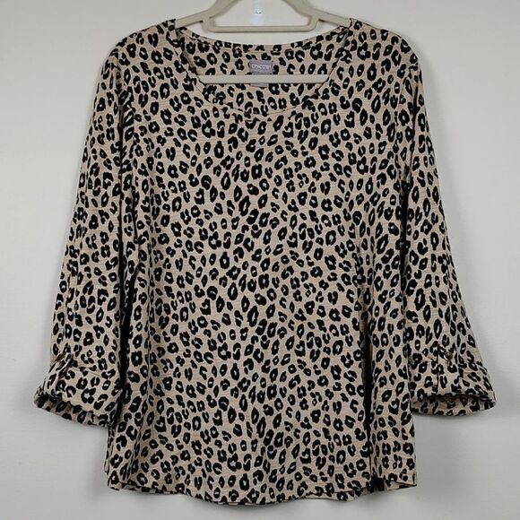 Chico's Leopard Print Bracelet Sleeve Tab Top Blouse Cotton Modal Blend Size L - Picture 1 of 10